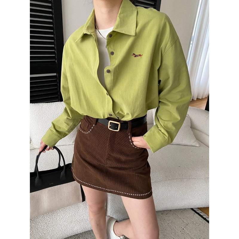 Damen Hemdbluse Lässig Knopfleiste Gestickt Blume