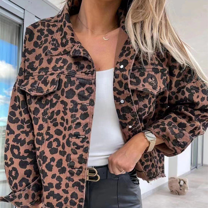Damen Leoparden-Jeansjacke Oversized Französische Säume Braun - Norvielle