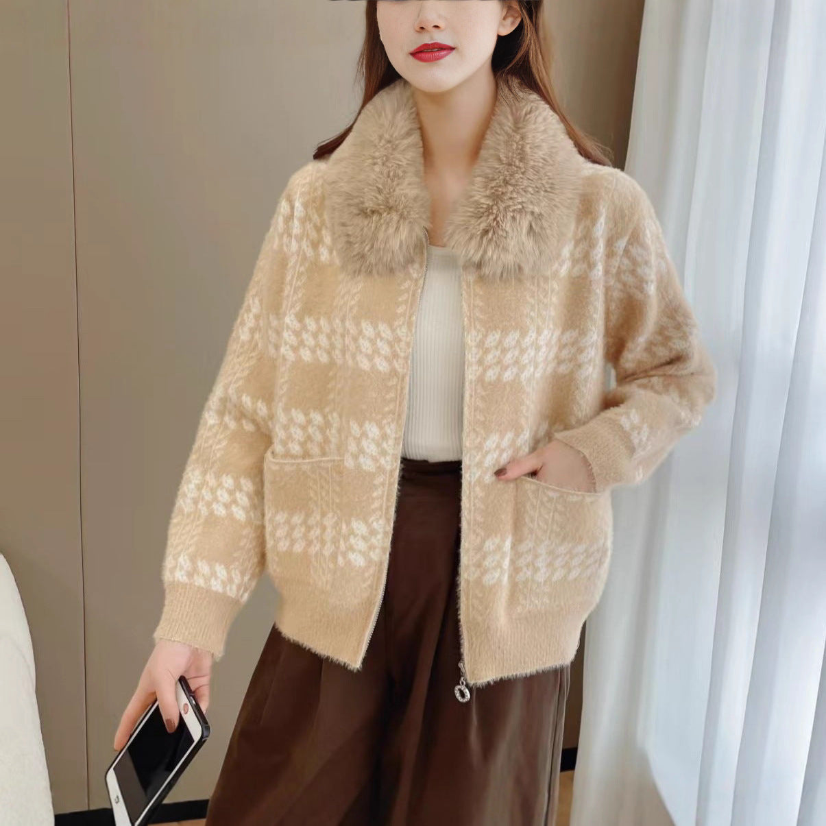 Damen Strickjacke Kunstfellkragen Norvielle