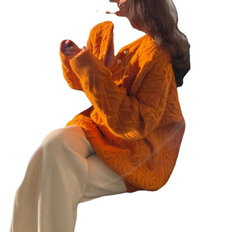 Damen Grobstrickpullover mit Knöpfen und Zopfmuster