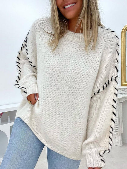 Damen Strickpullover Weich Kontrastbesatz Beige