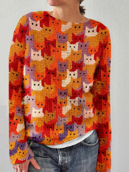 Damen Strickpullover Katzenmuster Norvielle