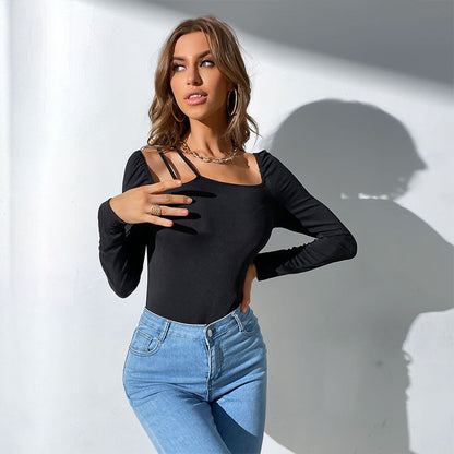 Damen Langarmbody Asymmetrischer Ausschnitt Rüschendetails Norvielle