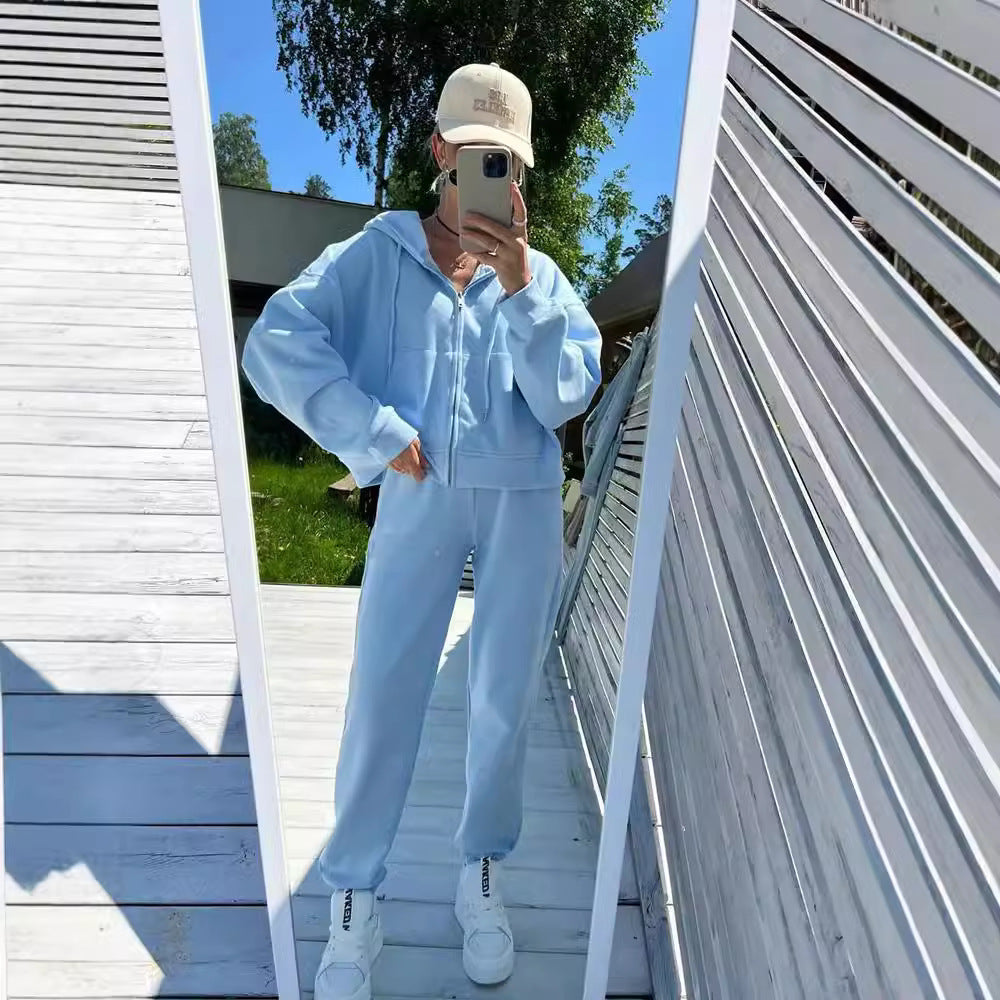 Damen Fleece-Jogginganzug Reißverschluss Kapuze Norvielle