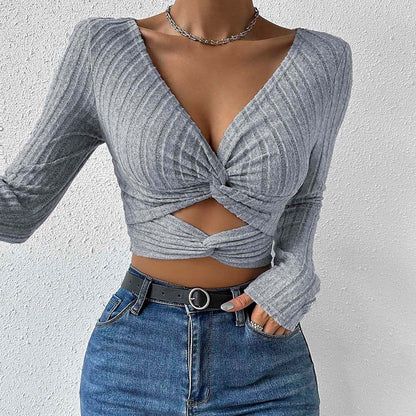 Damen Cropped Oberteil Langer Ärmel Twist-Design Norvielle