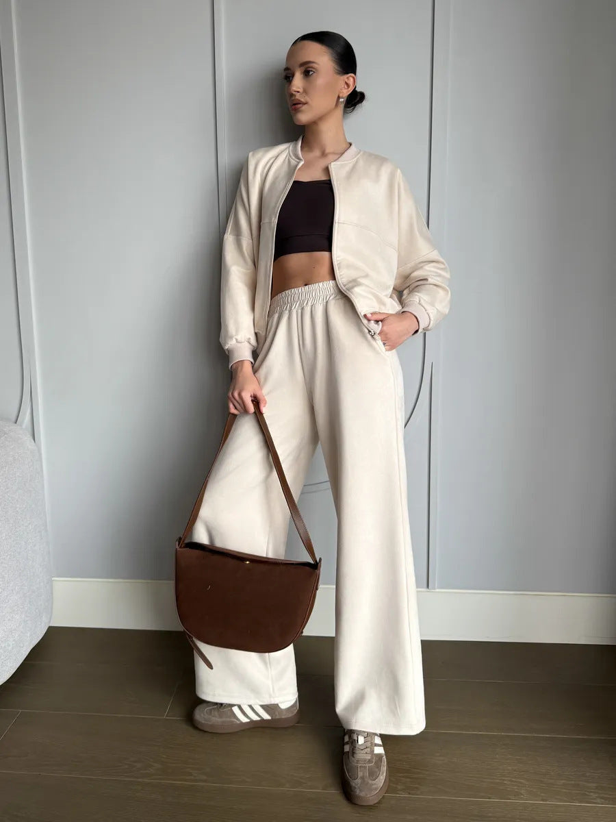 Damen Freizeitanzug-Set Cropped Oberteil Weite Hose Norvielle
