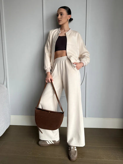 Damen Freizeitanzug-Set Cropped Oberteil Weite Hose Norvielle