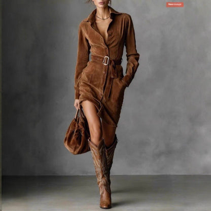 Damen Hemdblusenkleid Tailliert Gürtel Seitentaschen Norvielle