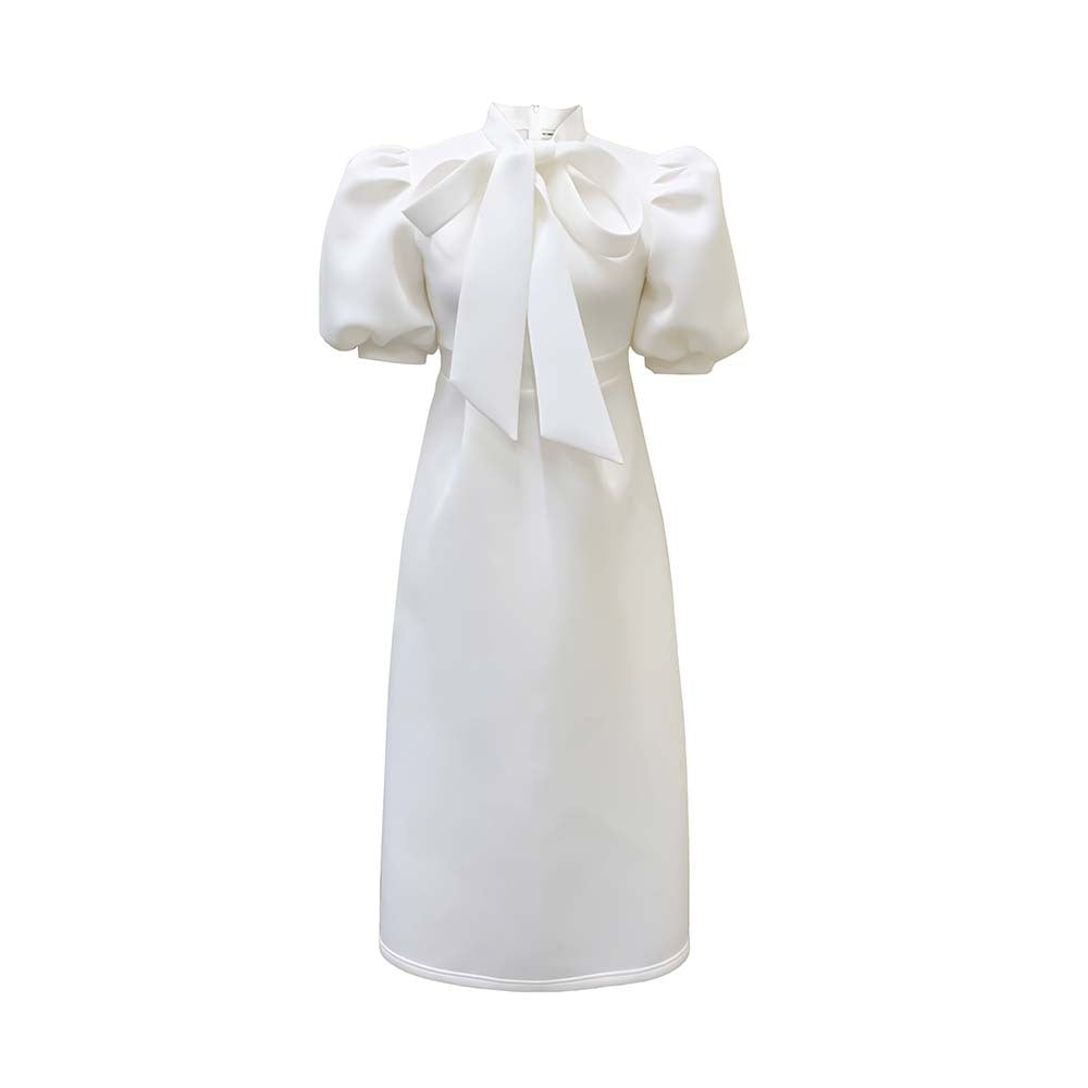 Damen Elegantes Midi-Kleid Puffärmel Bindegürtel