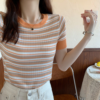 Damen Kurzarm-Shirt Streifenmuster Elastisch Weiß
