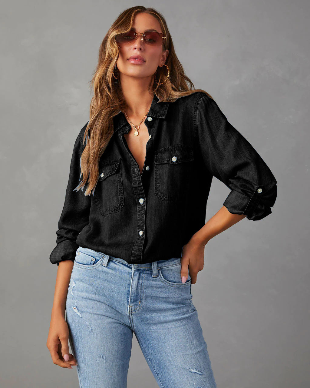 Damen Jeanshemd mit Brusttaschen Baumwolle Lässig