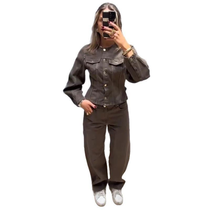 Damen Jeansjacke Puffärmel Knopfdetails