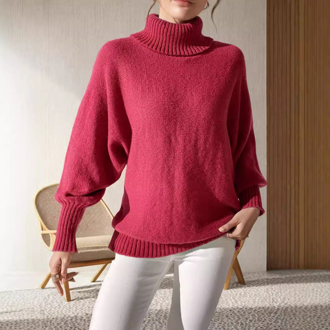 Damen Rollkragenpullover Voluminöse Ärmeln Feines Strickmuster