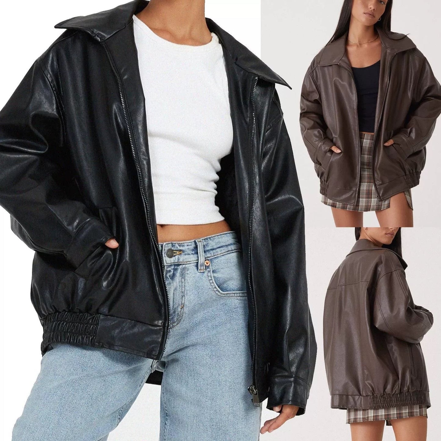 Damen Lederjacke Lässig Großer Kragen Schwarz - Norvielle