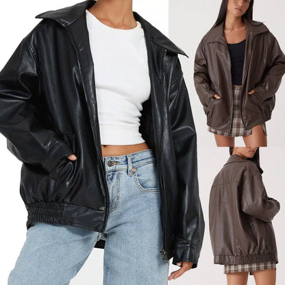 Damen Lederjacke Lässig Großer Kragen Schwarz - Norvielle