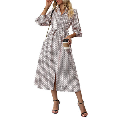 Damen Langarmhemdkleid mit Bindegürtel Muster