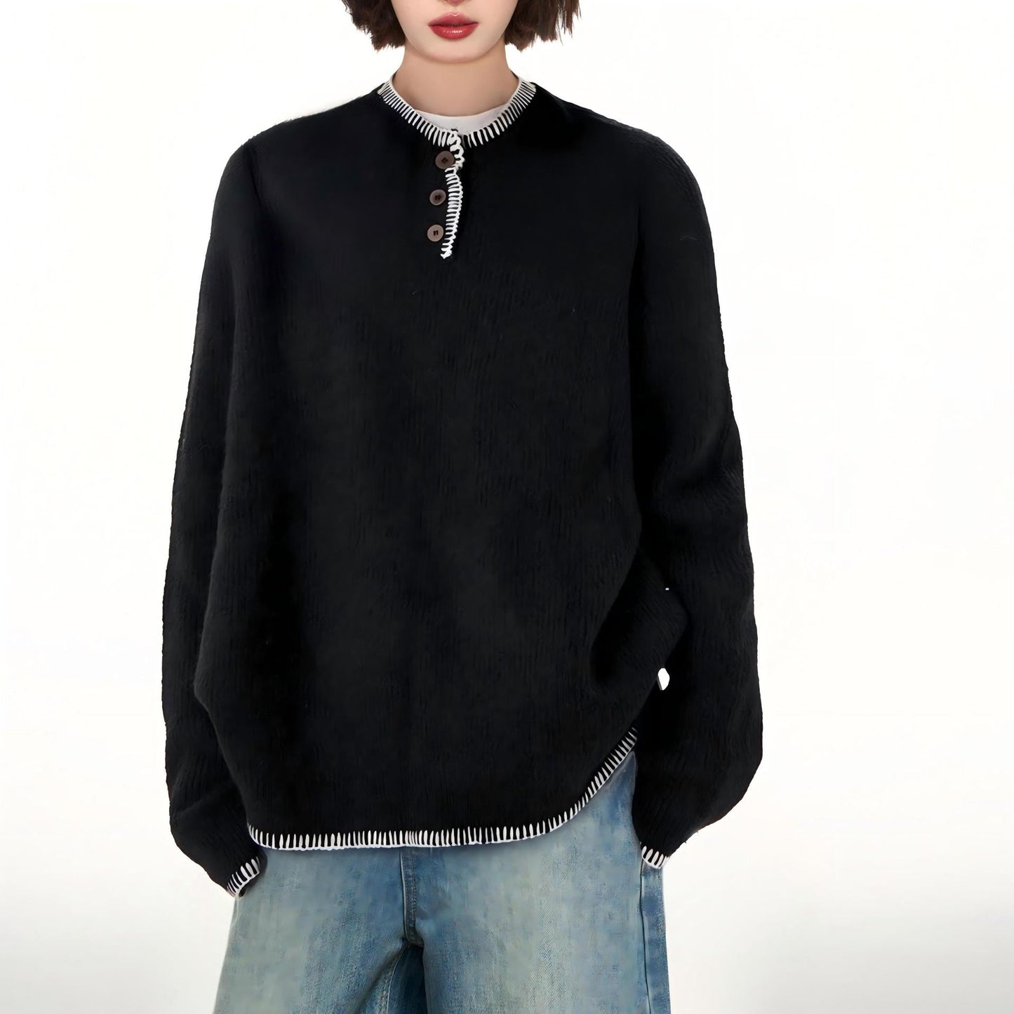 Damen Pullover Lässig Dekorative Knöpfe Kontrastfarben