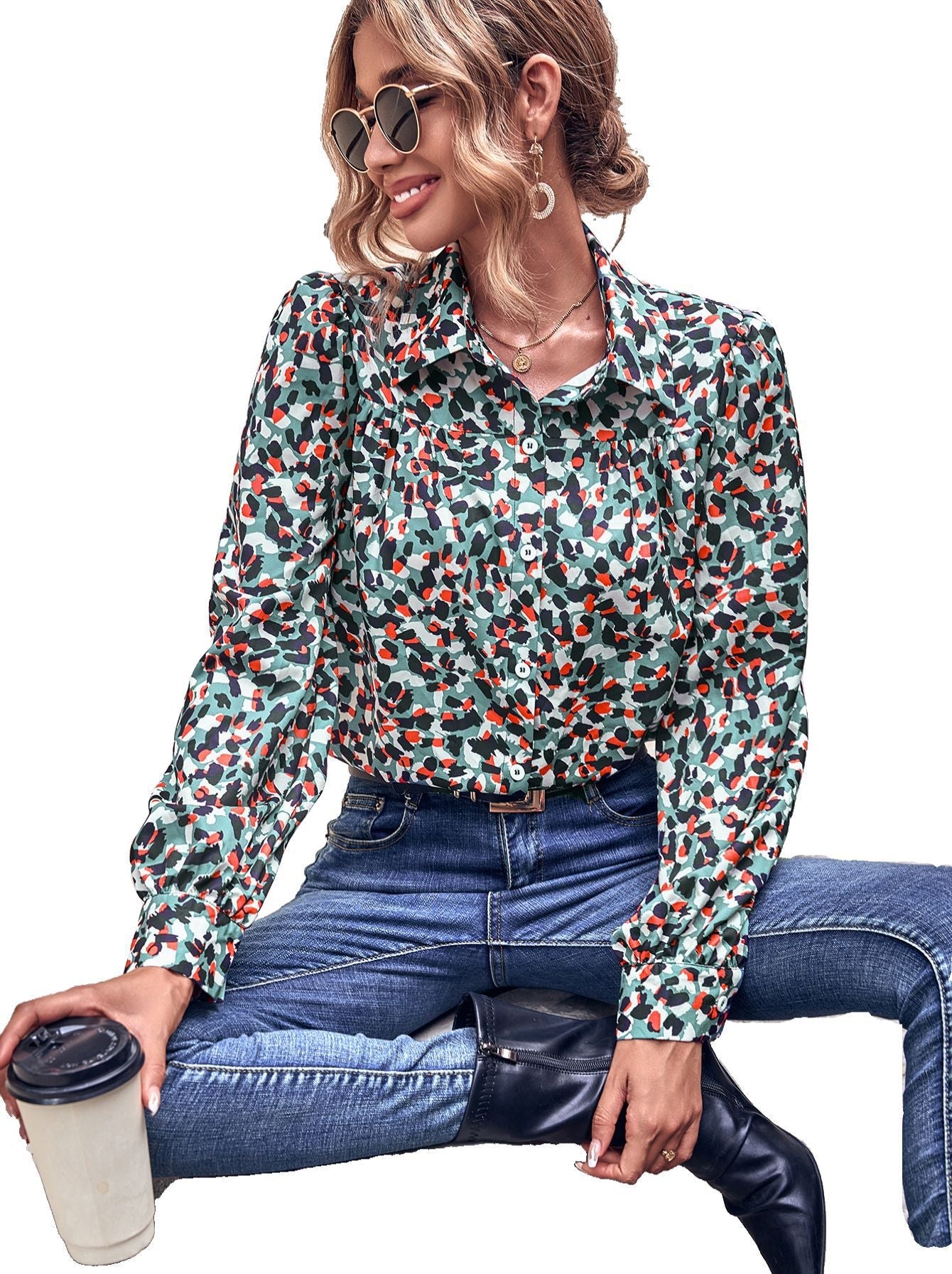 Damen Bluse Floralmuster Puffärmel Norvielle