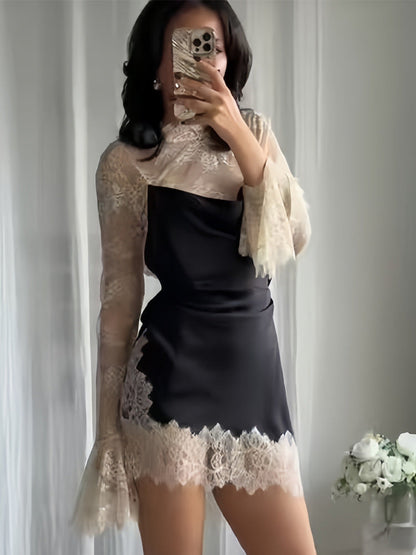 Damen Abendkleid Chiffon Elegant Spitzendetails Ärmel