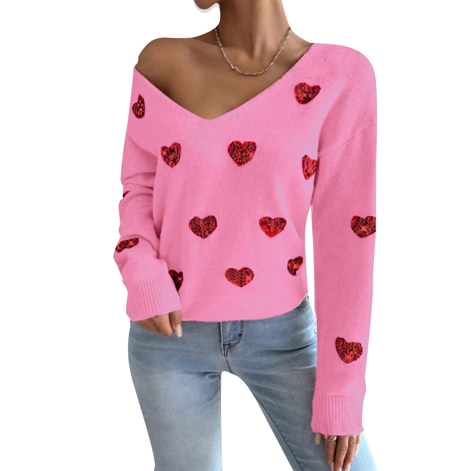 Damen Oversized Pullover V-Ausschnitt Herzmotiv - Norvielle