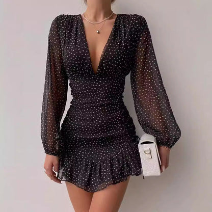 Damen Minikleid V-Ausschnitt Puffärmel Rüschen