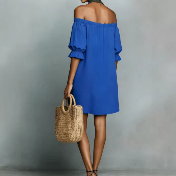 Damen Off-Shoulder Kleid Rüschen Knöpfe Norvielle