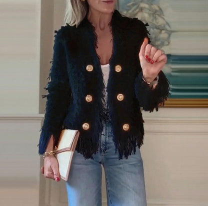 Damen Fransenjacke Goldene Knöpfe Norvielle