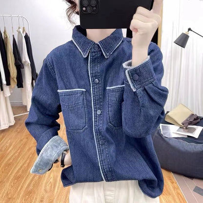 Damen Denim Bluse Kontrastkragen