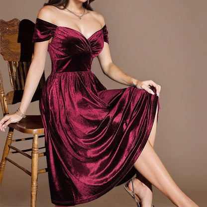 Damen Samt-Kleid Midi V-Ausschnitt Elegantes Taillieren Dunkelblau
