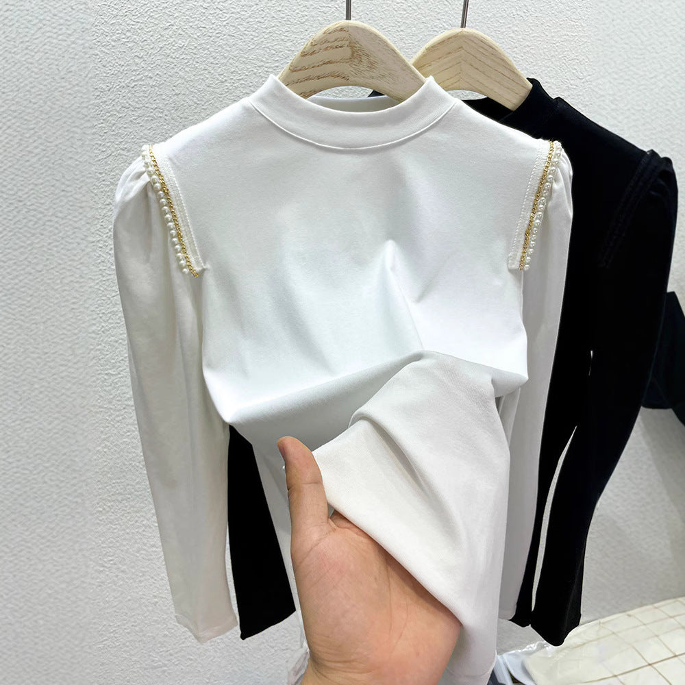 Damen Elegantes Longsleeve Oberteil mit Perlenapplikationen