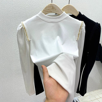 Damen Elegantes Longsleeve Oberteil mit Perlenapplikationen