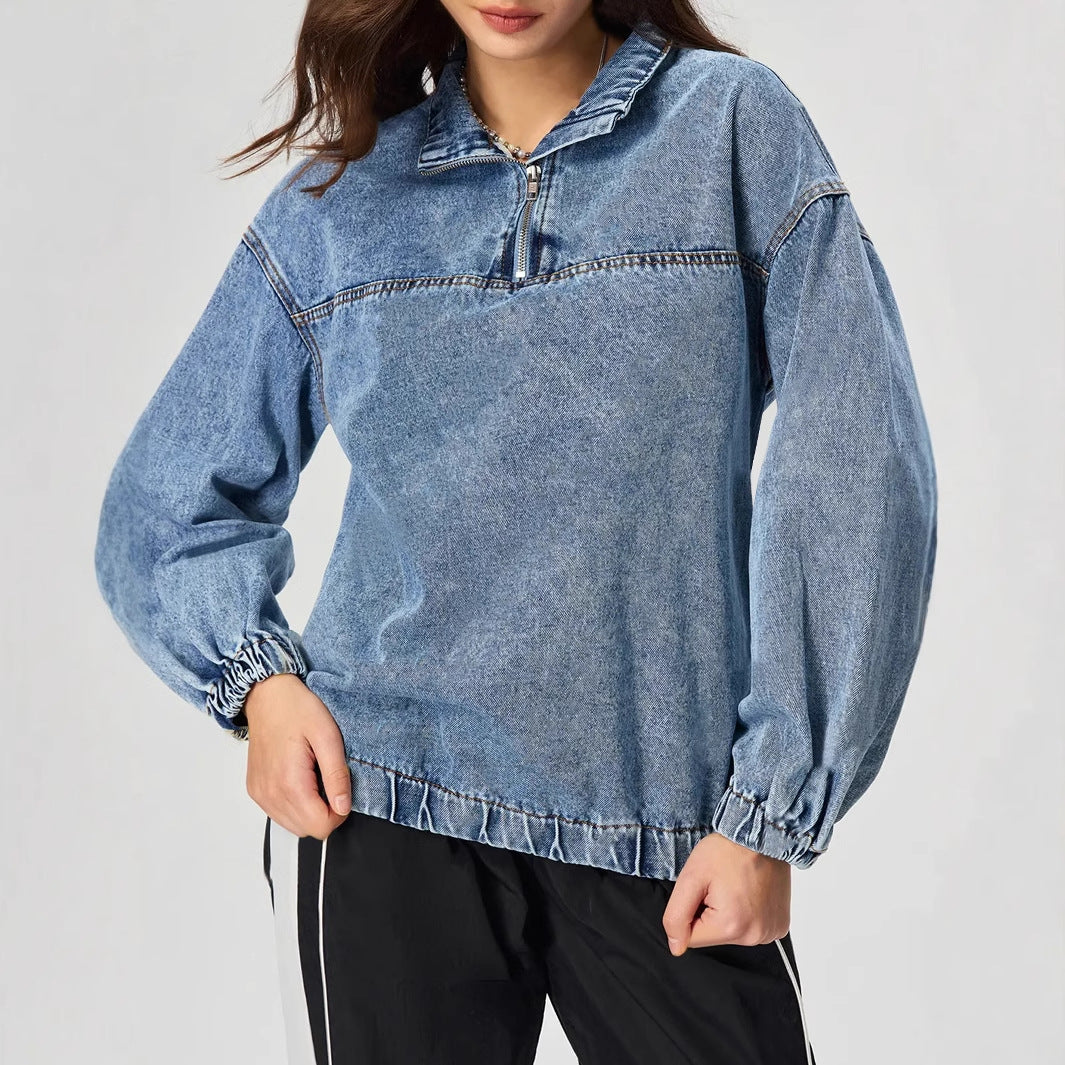 Damen Denim-Pullover Stehkragen Reißverschluss Blau - Norvielle