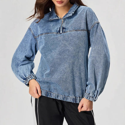 Damen Denim-Pullover Stehkragen Reißverschluss Blau - Norvielle