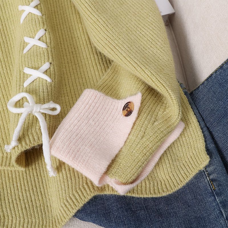 Damen Grobstrickpullover Schnürdetails Beige