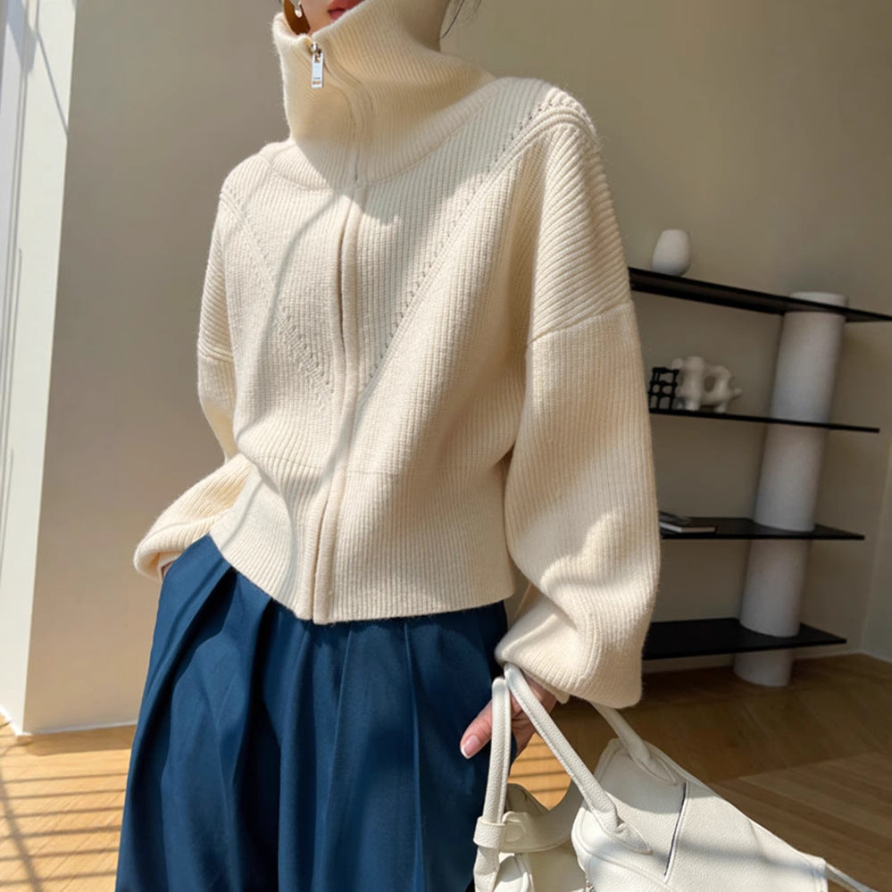 Damen Grobstrick Pullover Übergroß V-Ausschnitt Beige - Norvielle
