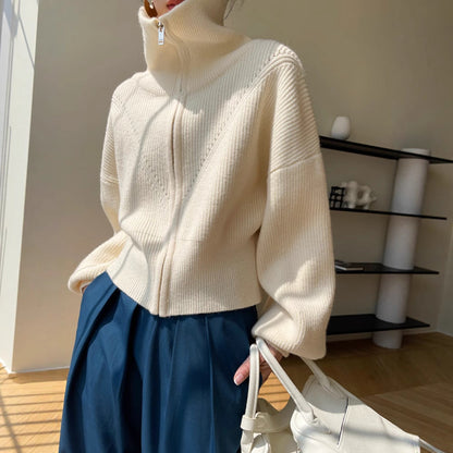 Damen Grobstrick Pullover Übergroß V-Ausschnitt Beige - Norvielle