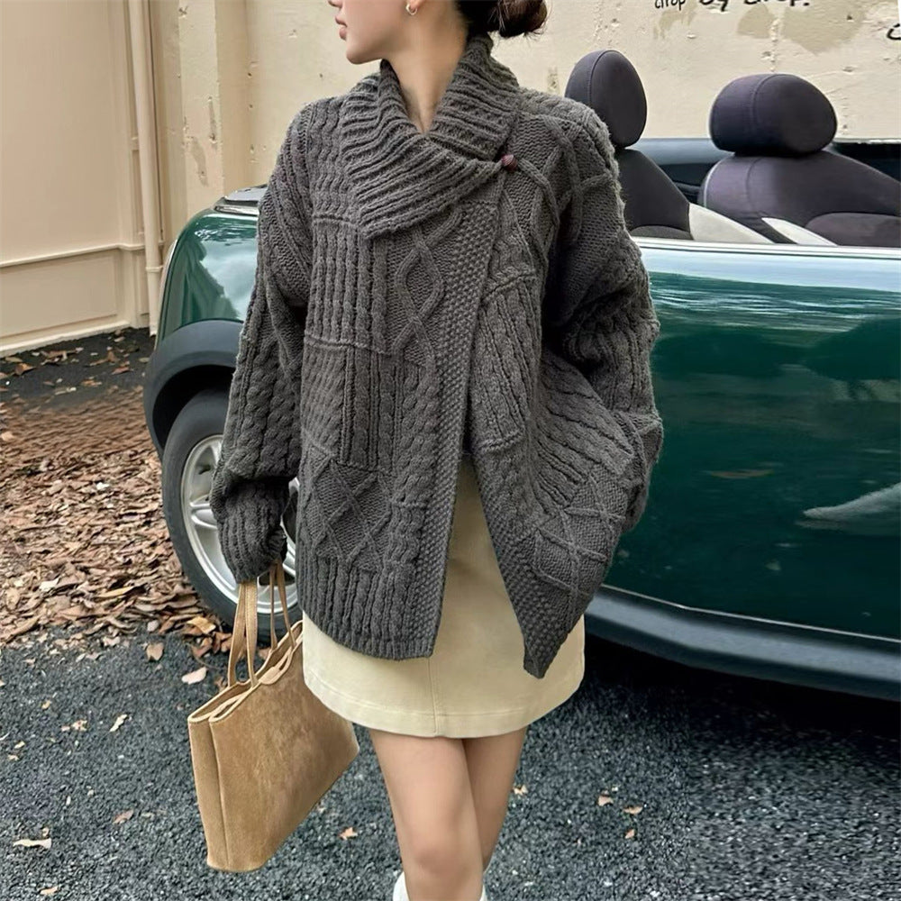 Damen Grobstrickjacke Hochkragen Zopfmuster Norvielle - Norvielle