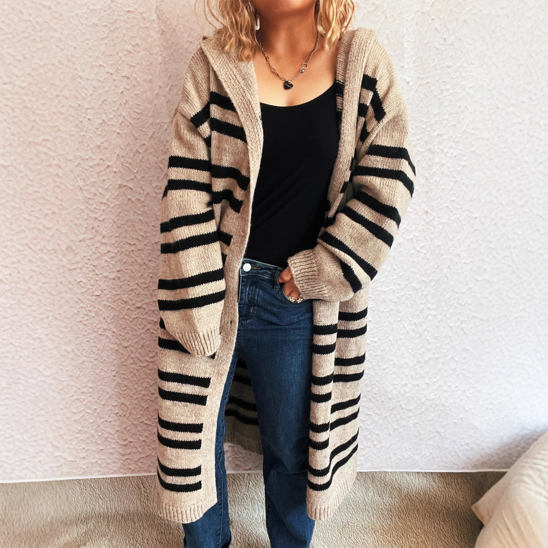 Damen Strickcardigan Hochgeschlossener Kragen Streifenmuster Beige