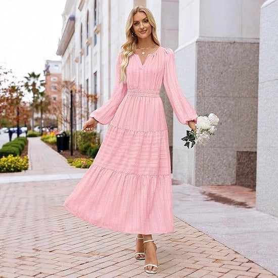 Damen Maxikleid mit Puffärmeln und Smoktaillen Norvielle