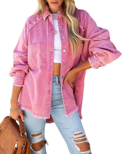 Damen Denim-Hemdjacke Oversized mit Fransen Detail