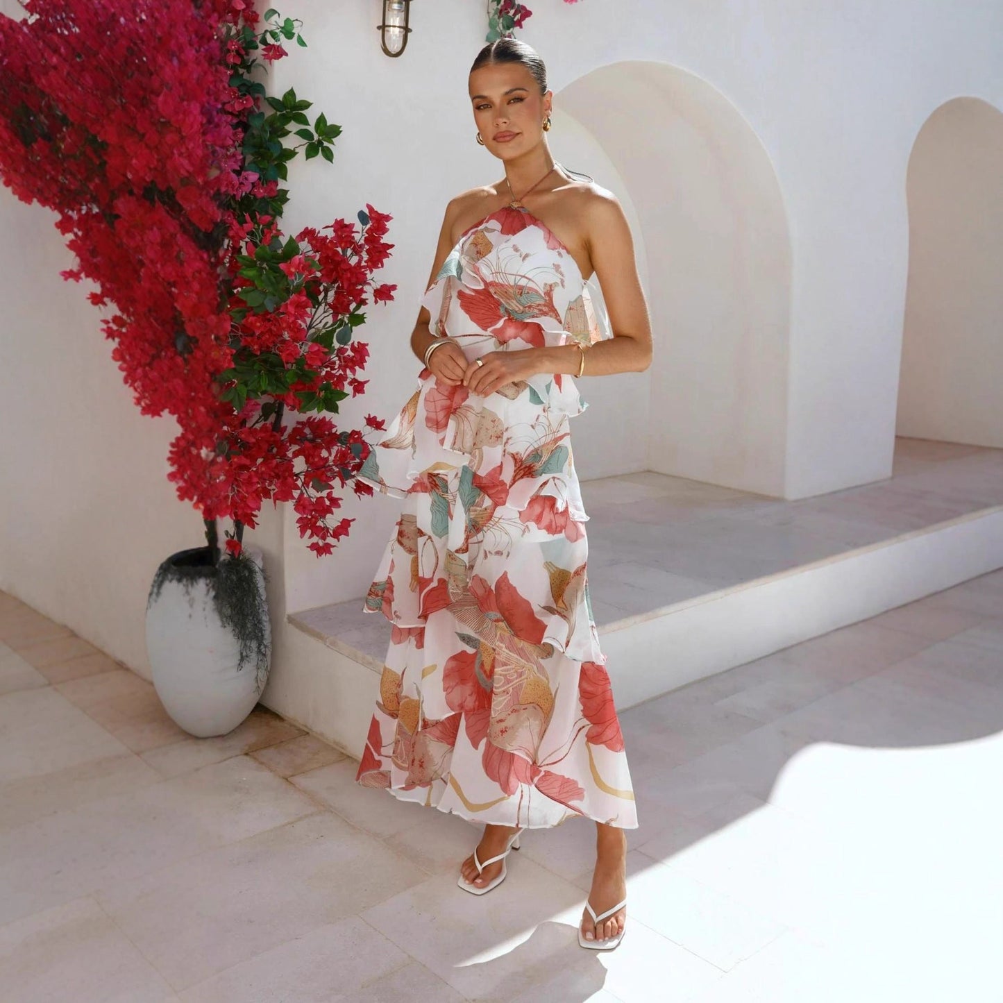 Damen Maxikleid mit Überwurf und Rüschen Norvielle