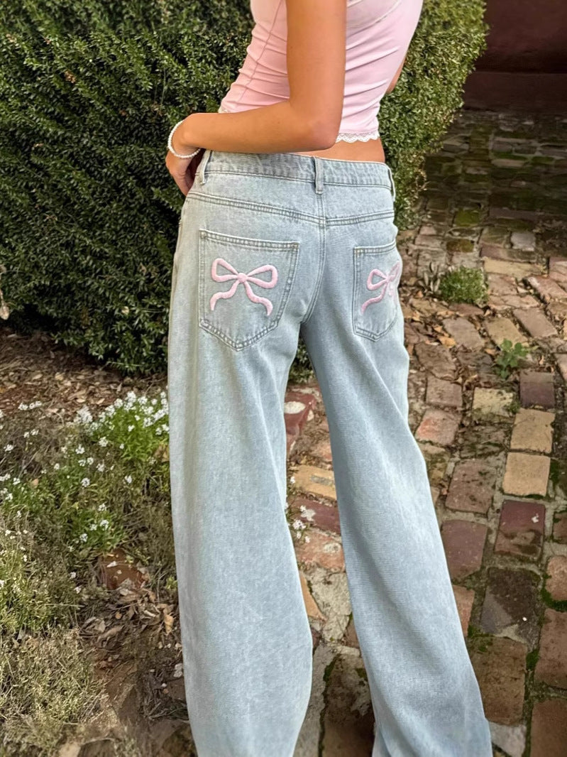 Damen Wide-Leg Jeans mit Stickereien Moderner Schnitt