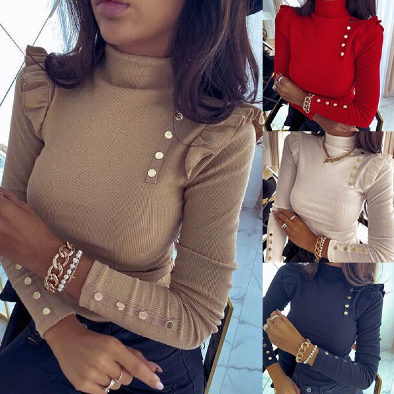 Damen Langarmshirt Rüschendetails Knopfverzierung Norvielle