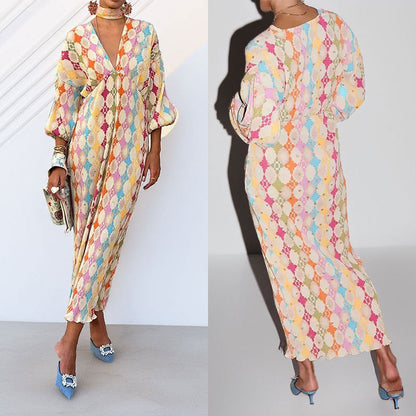 Damen Maxikleid Rautenmuster Voluminöse Ärmel Norvielle