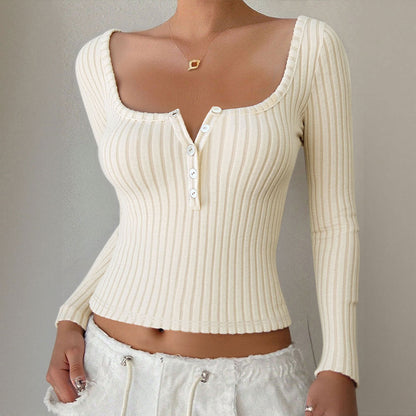 Damen Langarmshirt V-Ausschnitt Knopfdetails Norvielle