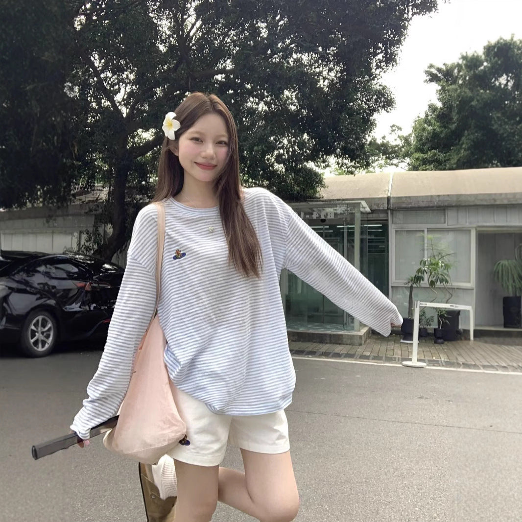 Damen Langarm-T-Shirt Streifenmuster Gestickt Weiß