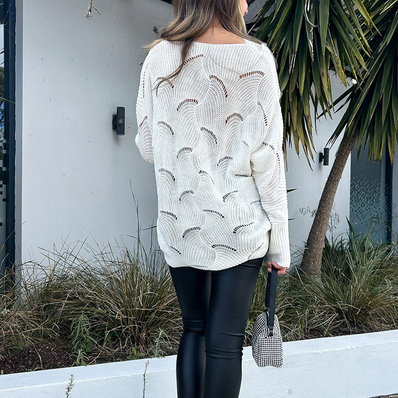 Damen Strickpullover V-Ausschnitt Filigran Lochmusterung Beige