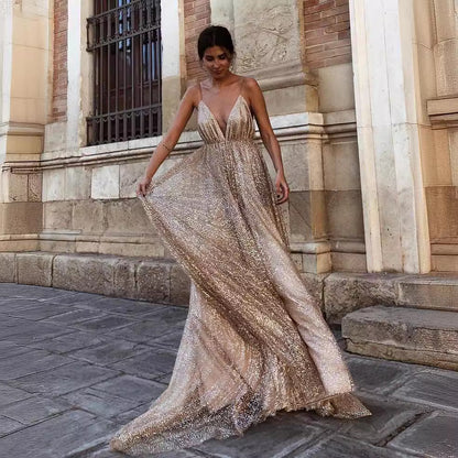 Damen Abendkleid Tiefes V mit Tüll Schimmernd Norvielle