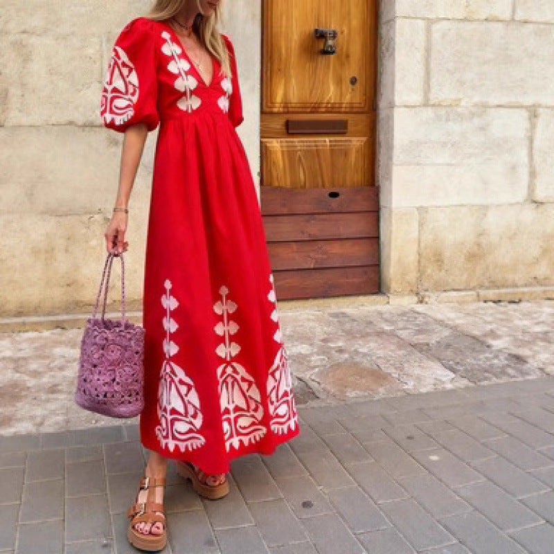 Damen Midikleid Luftige Puffärmel Florales Stickdesign - Norvielle
