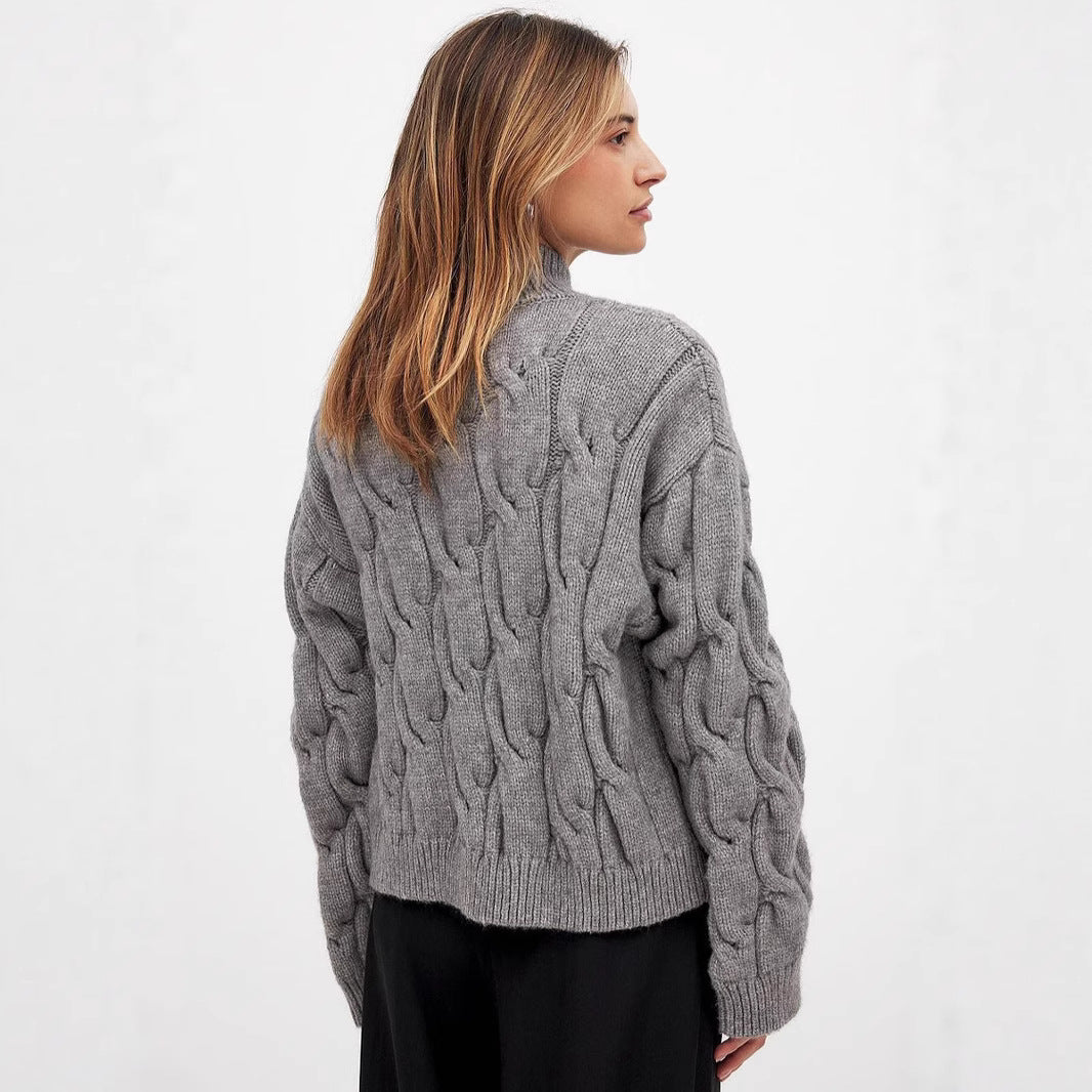 Damen Grobstrickpullover Hochkragen Zopfmuster Beige
